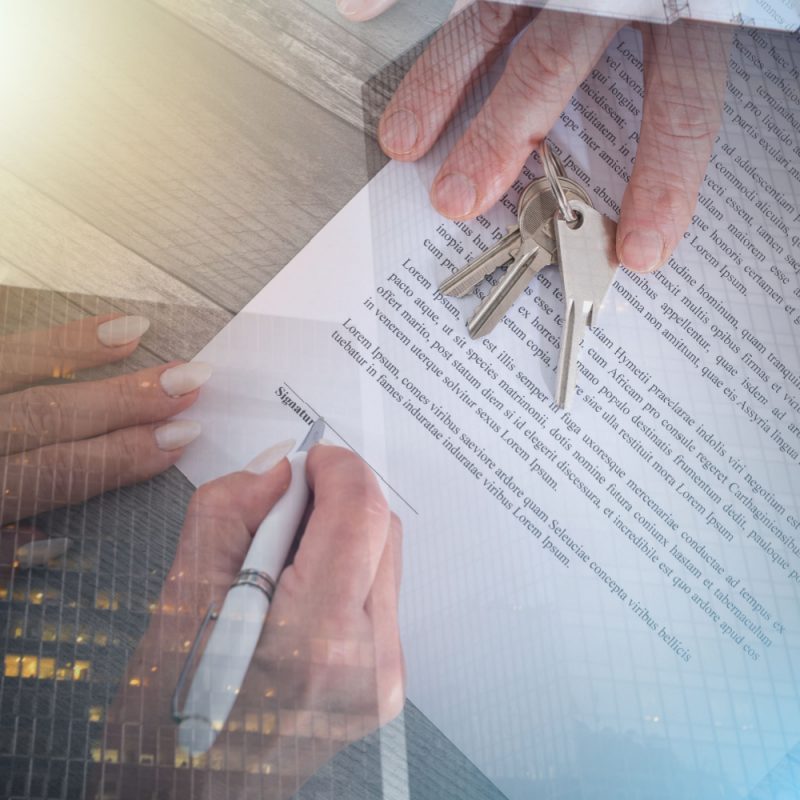 Estate agent presenting house keys and contract to customer; multiple exposure